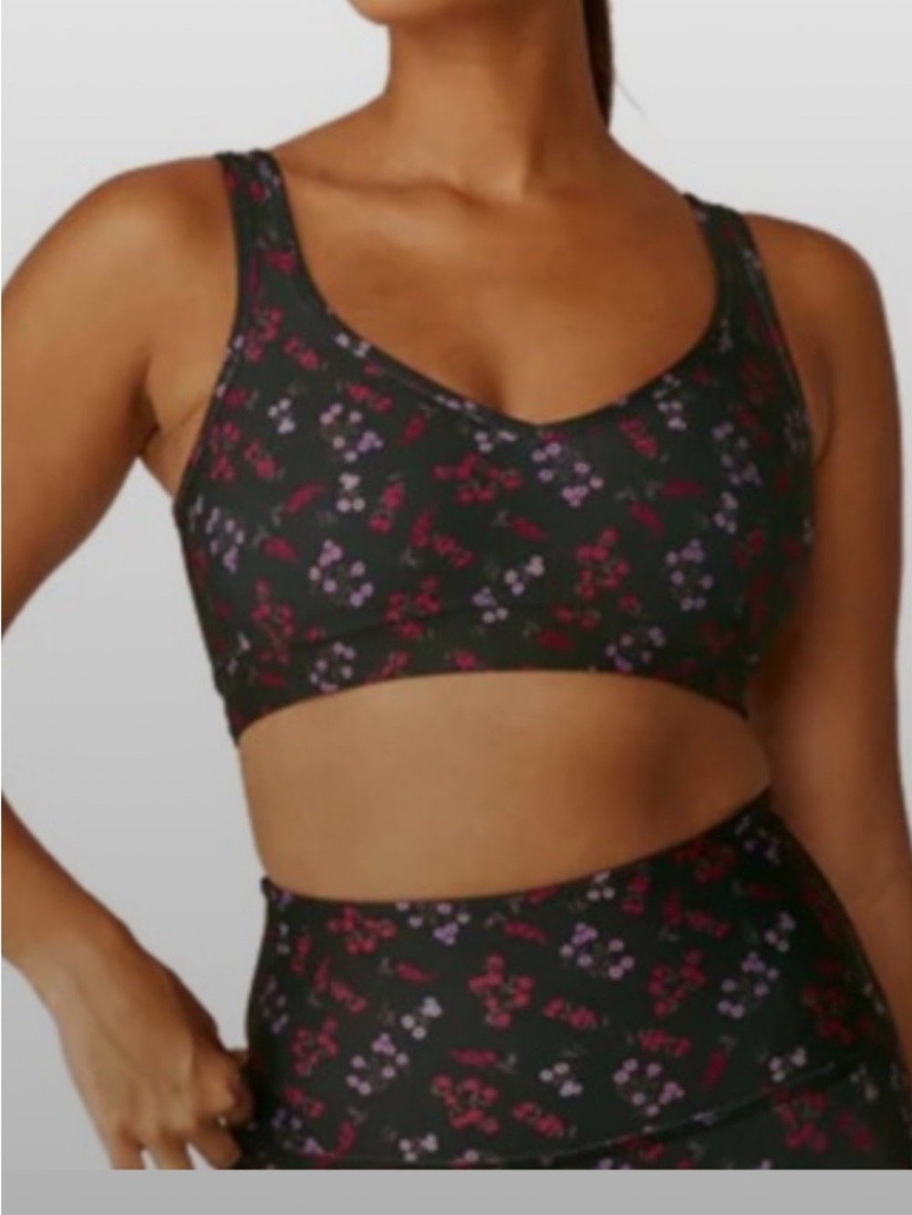 Beyond Yoga Black Floral Sports Bra with Red & Purple Flowers